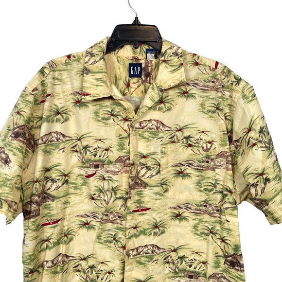 GAP Hawaiian Shirt Mens Large Yellow Tropical Button Up Cotton Lightweight - Picture 5 of 9